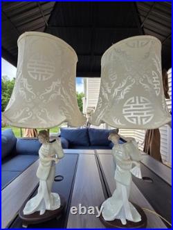 Stunning Vintage Asian Geisha Figurine Table Lamps Matching Pair 26 Tall