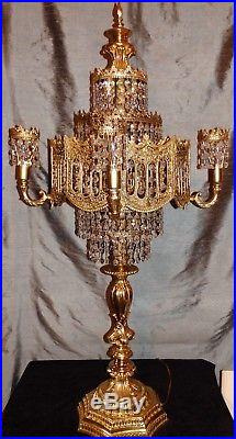 Stunning Vtg Gilt French Style CRYSTAL WATERFALL PRISMS Table CHANDELIER LAMP