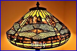 TIFFANY STYLE LAMP DRAGONFLY LEADED GLASS LAMP WithTREE BASE RARE Vintage