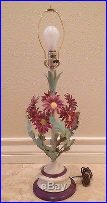 TOLE TABLE LAMP Vtg Hand Painted Metal Flowers Shabby Chic Pink White ITALY Cute