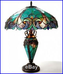 Table Lamp 2 Light Lit Base Green Stained Glass Tiffany Vintage Styl Handcrafted