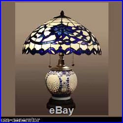 Table Lamp 2 Light Lit Base Tiffany Vintage Styl Stained Art Glass Blue 21x17H