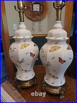 Table Lamp Ceramic Brass Base Butterflies And Moths Set of 2 Vintage