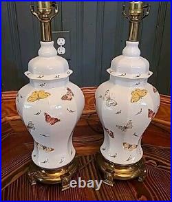 Table Lamp Ceramic Brass Base Butterflies And Moths Set of 2 Vintage