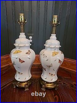 Table Lamp Ceramic Brass Base Butterflies And Moths Set of 2 Vintage