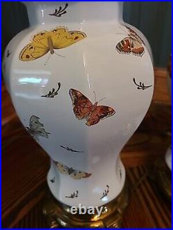 Table Lamp Ceramic Brass Base Butterflies And Moths Set of 2 Vintage