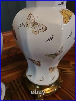 Table Lamp Ceramic Brass Base Butterflies And Moths Set of 2 Vintage