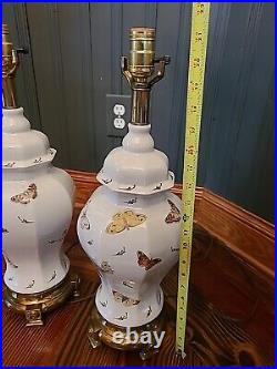 Table Lamp Ceramic Brass Base Butterflies And Moths Set of 2 Vintage