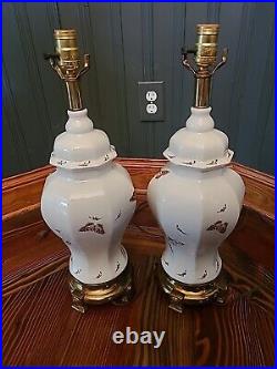 Table Lamp Ceramic Brass Base Butterflies And Moths Set of 2 Vintage