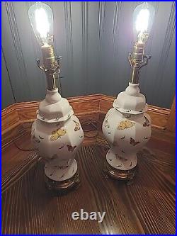 Table Lamp Ceramic Brass Base Butterflies And Moths Set of 2 Vintage