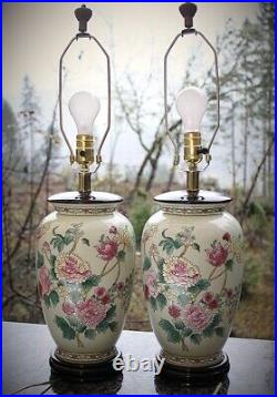 Table Lamps Pair Vintage Large Chinoiserie Ginger Jar Porcelain Enameled Floral