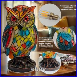 Tiffany Style Owl Table Lamp Hand Painted Vintage Resin Nightstand Light