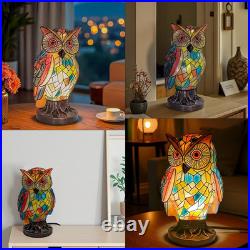Tiffany Style Owl Table Lamp Hand Painted Vintage Resin Nightstand Light