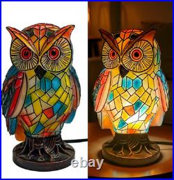 Tiffany Style Owl Table Lamp Hand Painted Vintage Resin Nightstand Light