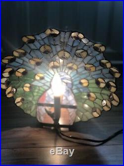 Tiffany Style PEACOCK Lamp Stained Glass Design Vintage Antique 13 Jeweled
