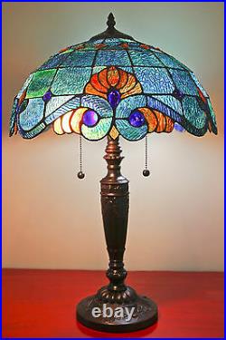 Tiffany Style Stained Glass Blue Vintage Table Lamp 2 Light 16 Shade New