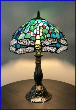 Tiffany Style Table Lamp Dragonfly Blue Green Stained Glass Antique Vintage H18