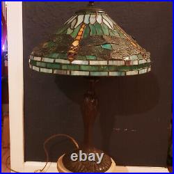Tiffany Style Table Lamp Dragonfly Green Blue Stained Glass Vintage H 22 W 16