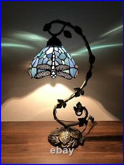 Tiffany Style Table Lamp Dragonfly Sea Blue Stained Glass Antique Vintage 21H