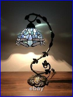 Tiffany Style Table Lamp Dragonfly Sea Blue Stained Glass Antique Vintage 21H