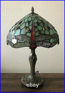 Tiffany Style Table Lamp Green Stained Glass Dragonfly Antique Vintage W12H19