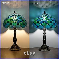 Tiffany Style Table Lamp Sea Blue Pearl Stained Glass Vintage Bedside Desk Light