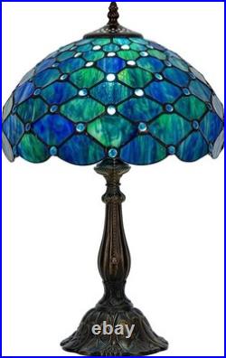 Tiffany Style Table Lamp Sea Blue Pearl Stained Glass Vintage Bedside Desk Light
