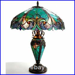 Tiffany Style Table Lamp Stained Glass Vintage Victorian Lit Base Green 24.5 H