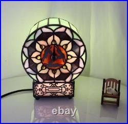 Tiffany Style Vintage Lotus Flower Stained Glass Desk Clock Table Lamp Decor