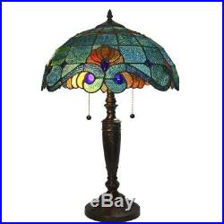 Tiffany style 25 in. Blue vintage table lamp glass shade stained light bell