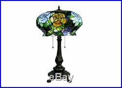 Tiffany style Maxenne Roses Table Lamp vintage antique 2 light stain glass Blue