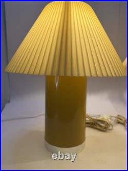 VID Vtg 70s Space Age Table Lamps Pair Mustard Yellow Pleated Shade Estate Attic