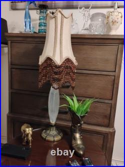 VINTAGEVICTORIAN GLASS TABLE LAMP With Beaded shade