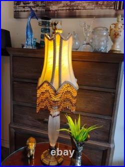 VINTAGEVICTORIAN GLASS TABLE LAMP With Beaded shade
