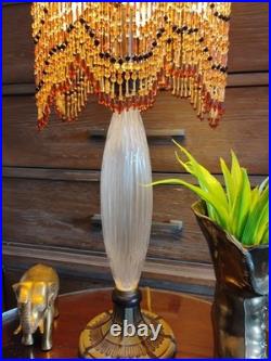 VINTAGEVICTORIAN GLASS TABLE LAMP With Beaded shade