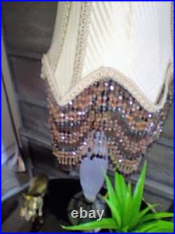 VINTAGEVICTORIAN GLASS TABLE LAMP With Beaded shade