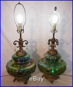 VINTAGE 1970s GREEN CARNIVAL GLASS GLOBE BRASS BASE LAMPS, MATCHING PAIR, EF IND