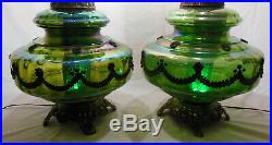 VINTAGE 1970s GREEN CARNIVAL GLASS GLOBE BRASS BASE LAMPS, MATCHING PAIR, EF IND