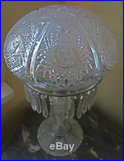 VINTAGE ANTIQUE LATE 19th CENTURY MUSHROOM CUT GLASS TABLE LAMP WITH PRISMS