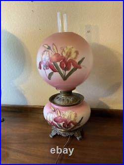 VINTAGE Electric Oil TABLE LAMP GWTW BANQUET Parlor GLASS Flowers Hand Painted