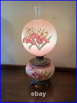 VINTAGE Electric Oil TABLE LAMP GWTW BANQUET Parlor GLASS Flowers Hand Painted