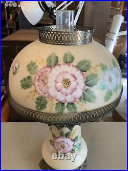 VINTAGE Electric TABLE LAMP GWTW BANQUET Parlor GLASS Flowers Hand Painted