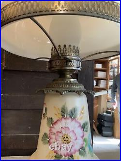 VINTAGE Electric TABLE LAMP GWTW BANQUET Parlor GLASS Flowers Hand Painted