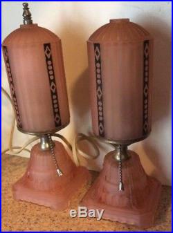 VINTAGE Glass Art Deco Lamp Light Bullet Boudoir Bed Vanity Satin Pink Torpedo