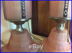 VINTAGE Glass Art Deco Lamp Light Bullet Boudoir Bed Vanity Satin Pink Torpedo