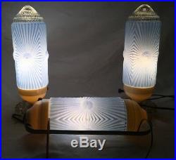VINTAGE Glass Art Deco Lamps Light Bullet Pair Vanity Satin Blue Torpedo Boudoir