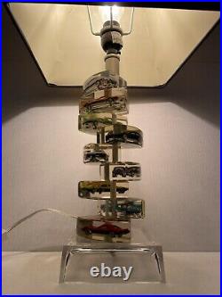 VINTAGE Lucite Matchbox/Hot Wheels Like Cars Table Lamp 1980 Highly Collectible