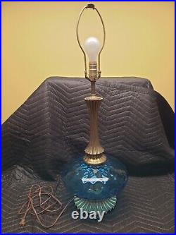 VINTAGE Mid Century BLUE GLASS Globe Shape Table Lamp Gold neck and base WORKS