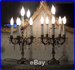 VINTAGE PAIR OF CANDELABRA CHANDELIER TABLE LAMPS With CRYSTAL PRISMS