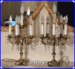 VINTAGE PAIR OF CANDELABRA CHANDELIER TABLE LAMPS With CRYSTAL PRISMS